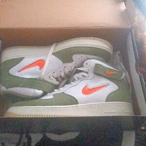 AIR FORCE 1 MID QS,size 12m,white with olive swoosh,hardly worn(3 times)